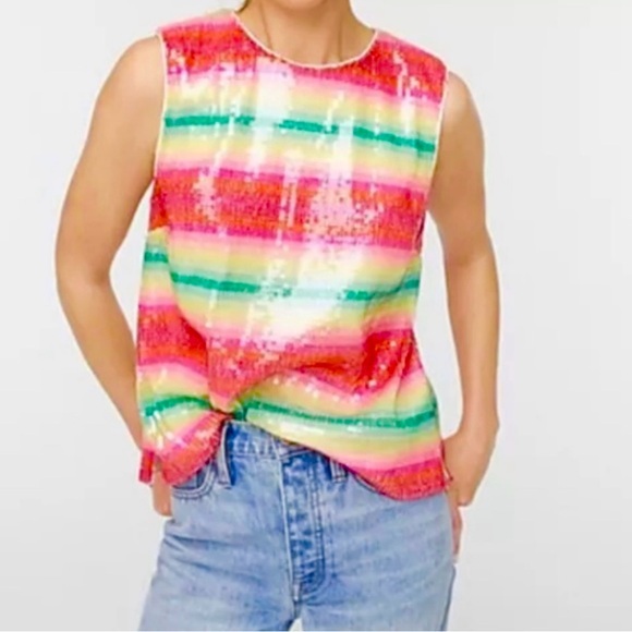 J. Crew Tops - J.Crew Watermelon Stripe Sequin Sleeveless Top Size Small